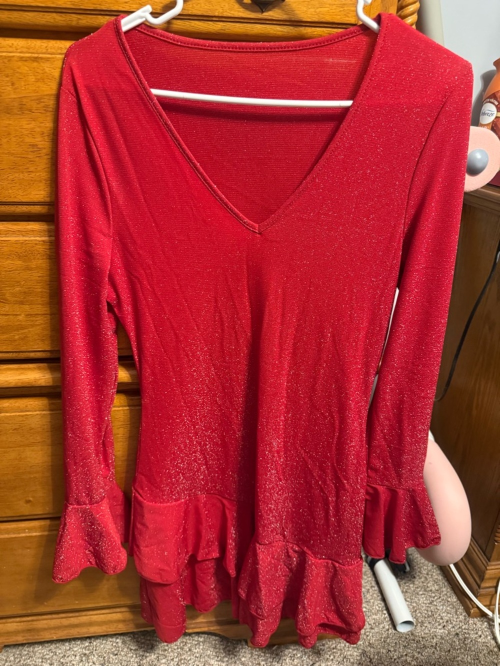 SHEIN Sparkle Red V-Neck Ruffle-Hem Tunic